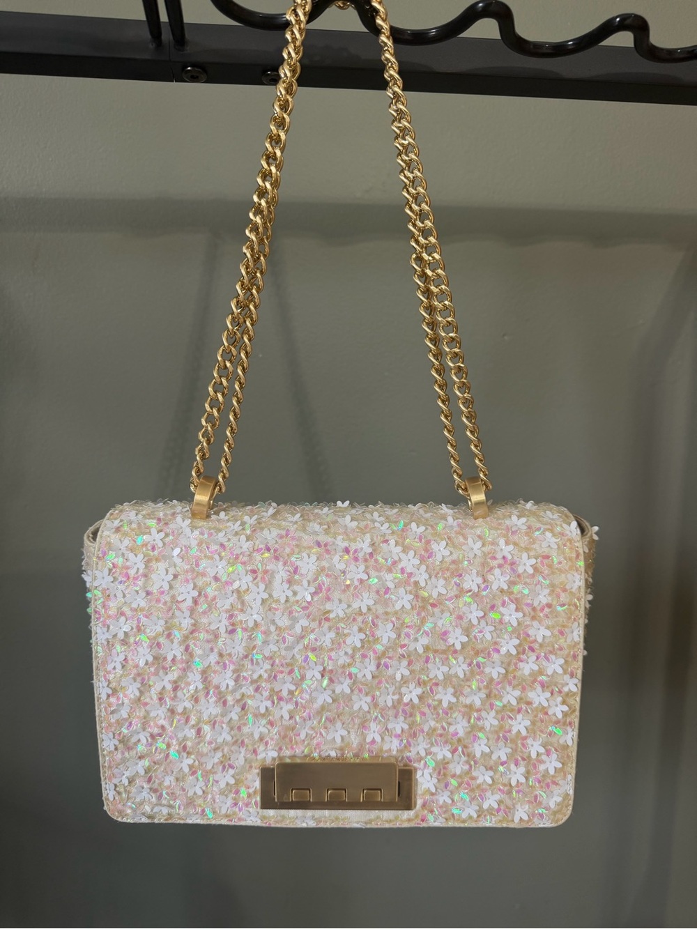 Zac Posen Iridescent White Floral Sequin Mini Shoulder Bag with Gold Chain